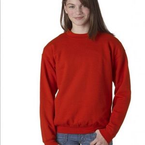 Plain red hoodless sweatshirt.